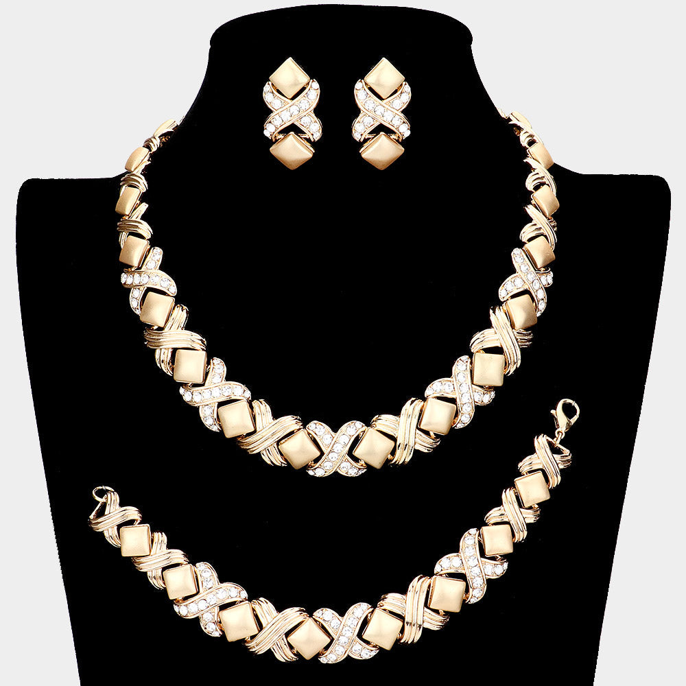 Madeline Love Clear, Gold 3PCS Pave Crystal Rhinestone Crisscross Necklace Jewelry Set