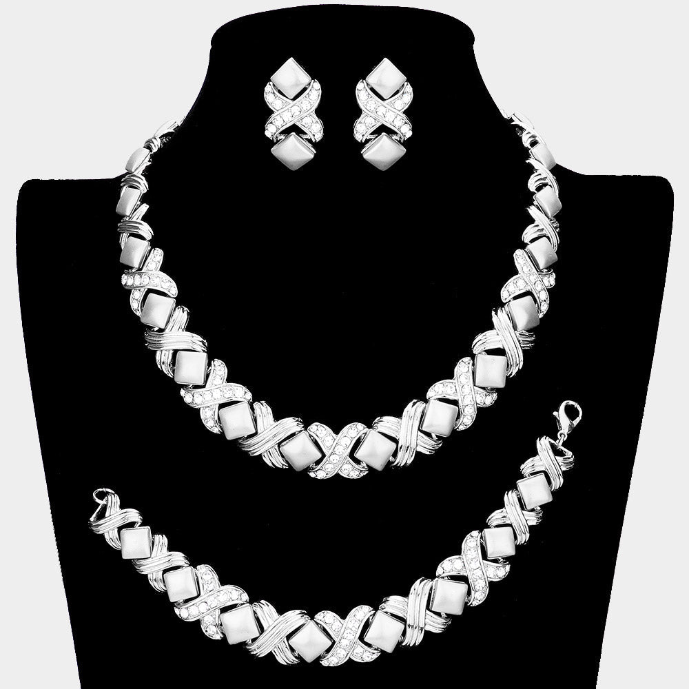 Madeline Love Clear, Silver 3PCS Pave Crystal Rhinestone Crisscross Necklace Jewelry Set