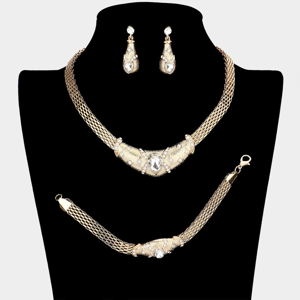Madeline Love Gold 3PCS - Crystal Teardrop Accented Pendant Collar Necklace Set - Jewelry