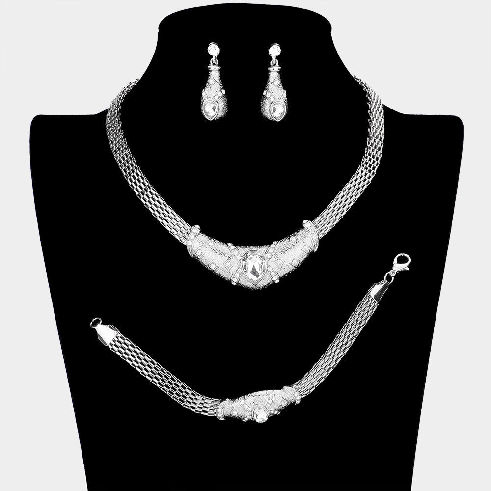 Madeline Love Silver 3PCS - Crystal Teardrop Accented Pendant Collar Necklace Set - Jewelry