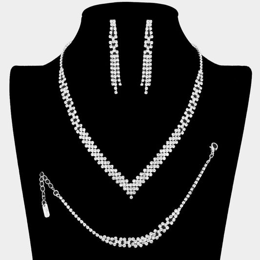 Madeline Love Silver 3PCS - Rhinestone Pave Dangle V Shaped Necklace Set - Jewelry