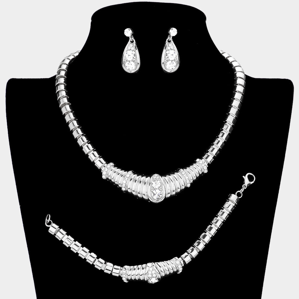 Madeline Love Silver 3PCS - Crystal Rhinestone Pave Metal Evening Necklace Set - Jewelry