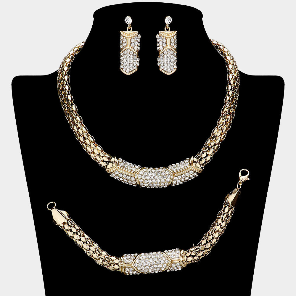 Madeline Love Clear, Gold Rhinestone Pave Snake Metal Necklace Jewelry Set
