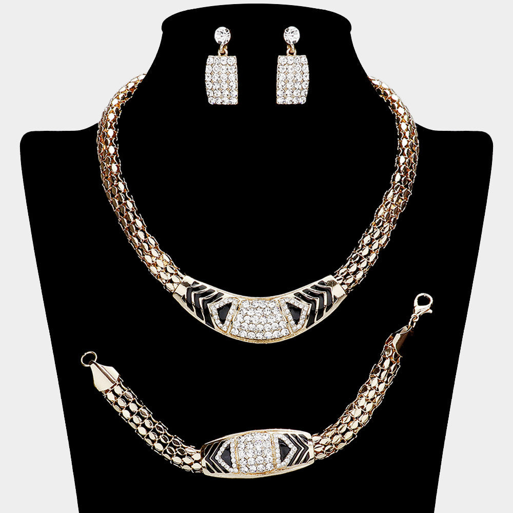 Madeline Love Clear, Gold Rhinestone Pave Patterned Textured Metal Necklace Jewelry Set