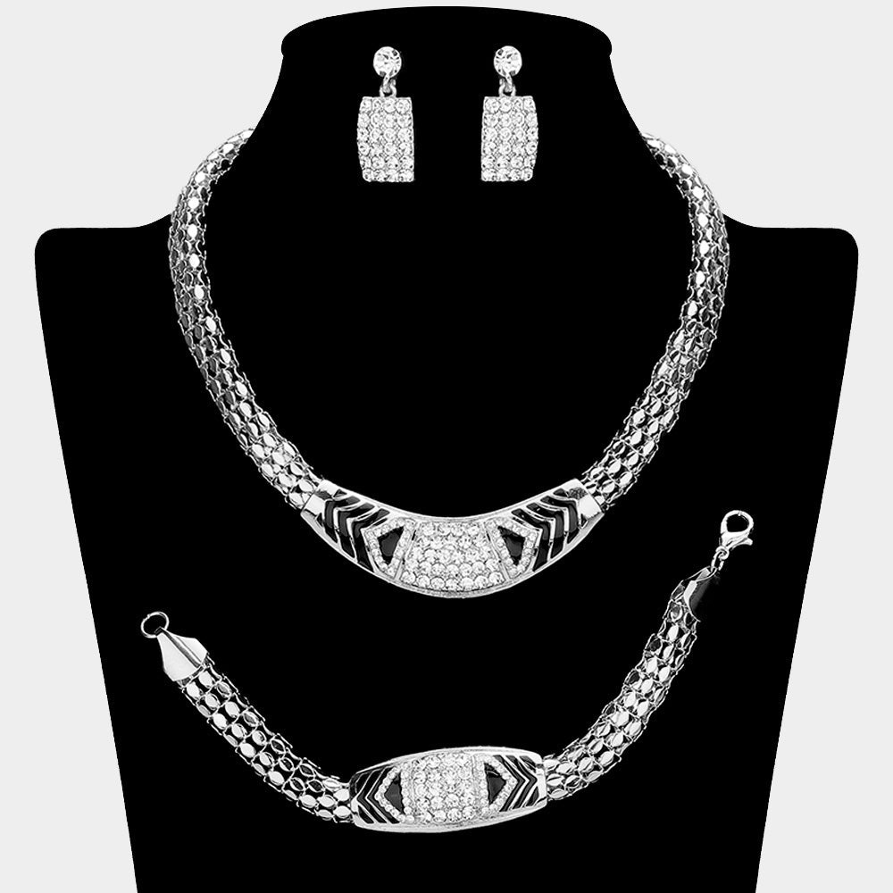 Madeline Love Clear, Silver Rhinestone Pave Patterned Textured Metal Necklace Jewelry Set
