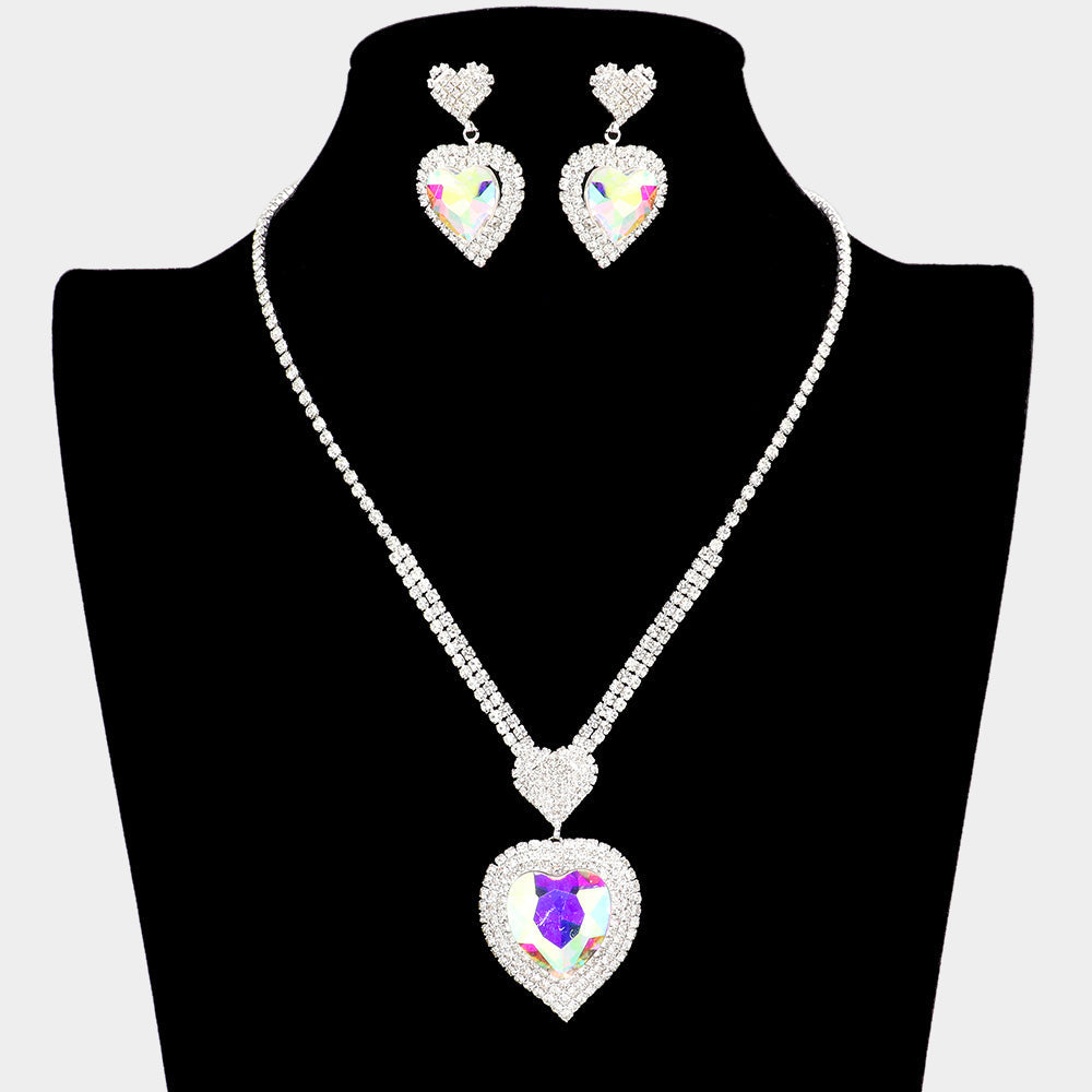 Madeline Love AB, Silver Heart Crystal Rhinestone Drop Necklace - Jewelry