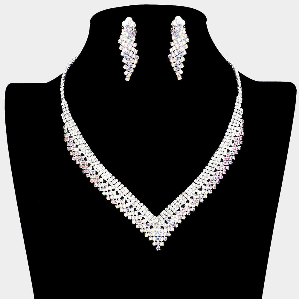 Madeline Love AB, Silver Rhinestone Paved V Shaped Necklace Clip on Earring Set - Jewelry