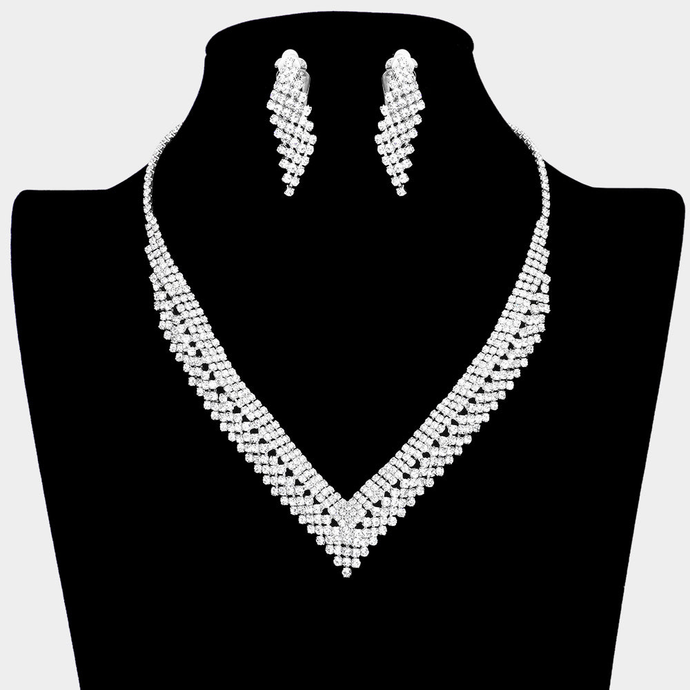 Madeline Love Silver Rhinestone Paved V Shaped Necklace Clip on Earring Set - Jewelry