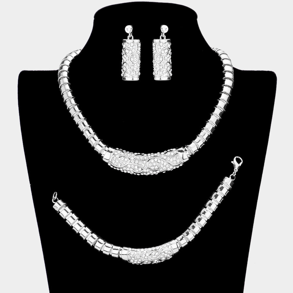 Madeline Love Silver 3PCS - Rhinestone Pave Metal Necklace Jewelry Set