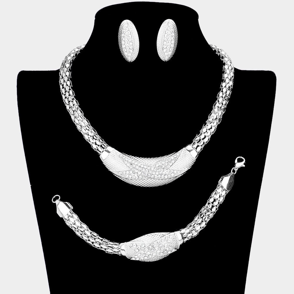 Madeline Love Silver 3PCS - Crystal Rhinestone Snake Chain Necklace Jewelry Set