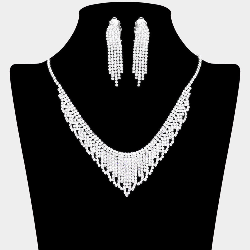 Madeline Love Silver V Shaped Rhinestone Pave Necklace Clip On Earring Set - Jewelry