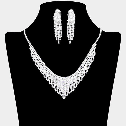 Madeline Love Silver V Shaped Rhinestone Pave Necklace Clip On Earring Set - Jewelry