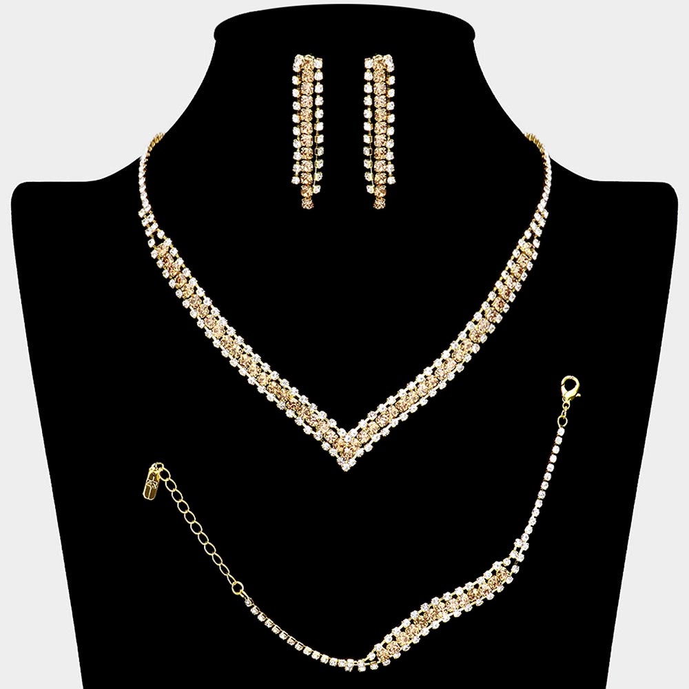 Madeline Love Gold, Lt Col Topaz 3PCS - Round Stone Detail Rhinestone Necklace Jewelry Set