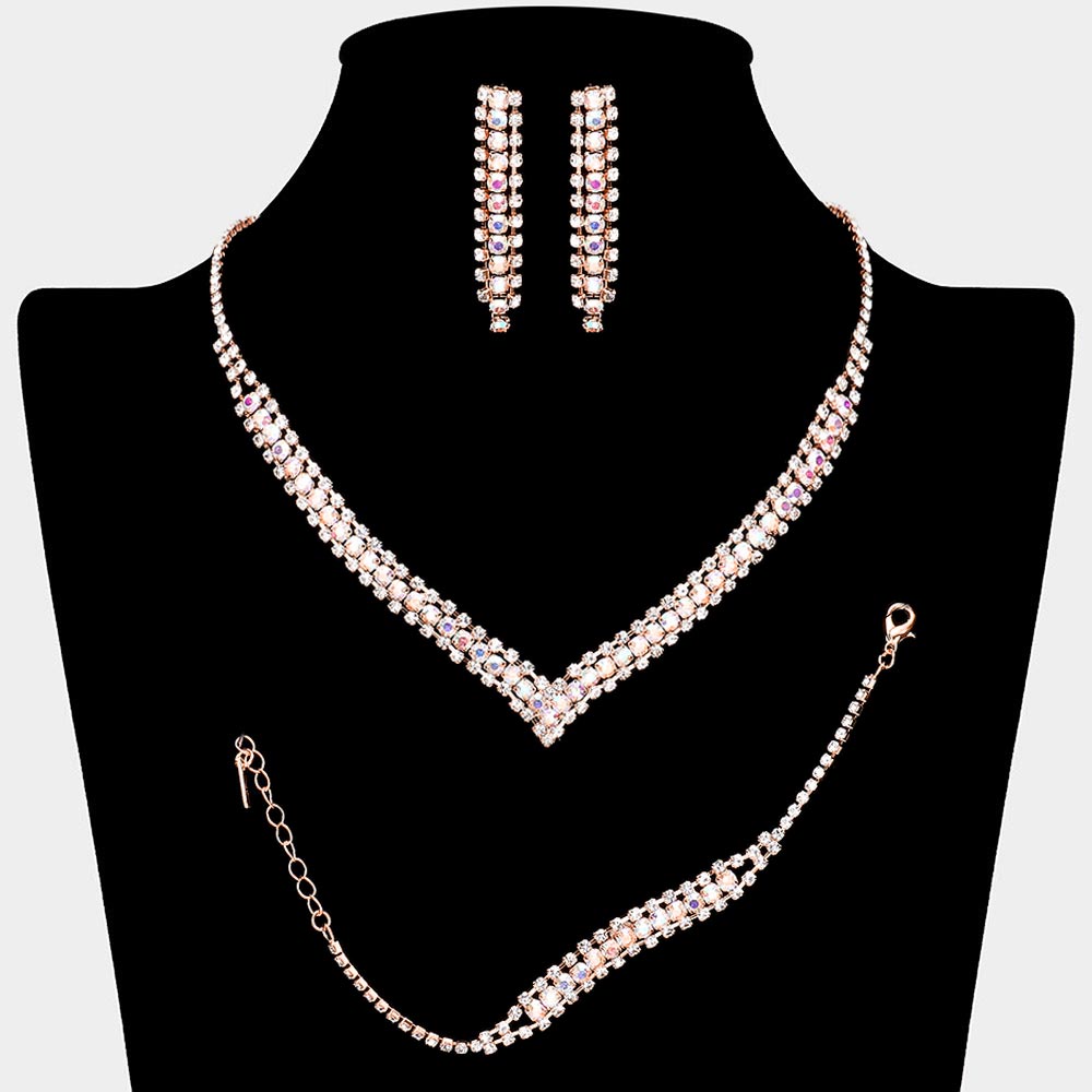 Madeline Love AB, Rose Gold 3PCS - Round Stone Detail Rhinestone Necklace Jewelry Set