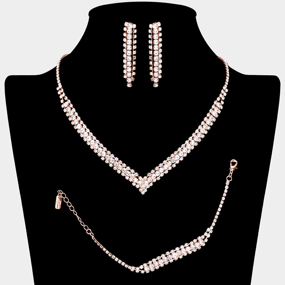 Madeline Love Clear, Rose Gold 3PCS - Round Stone Detail Rhinestone Necklace Jewelry Set