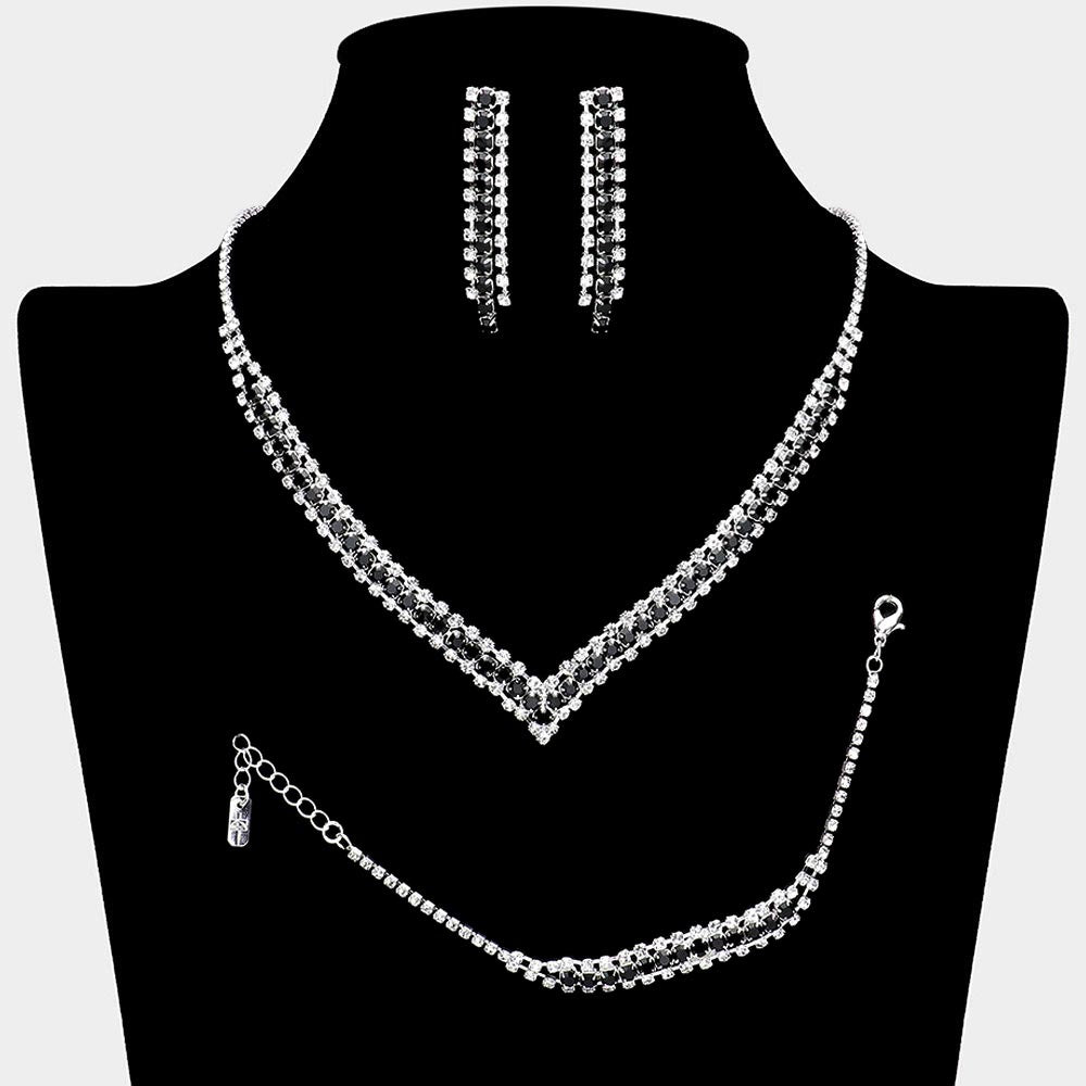 Madeline Love Black, Silver 3PCS - Round Stone Detail Rhinestone Necklace Jewelry Set