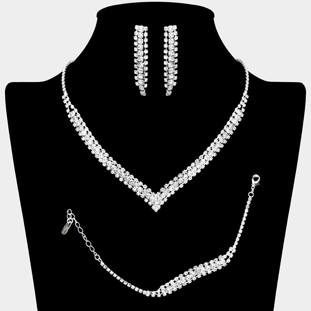 Madeline Love Clear, Silver 3PCS - Round Stone Detail Rhinestone Necklace Jewelry Set