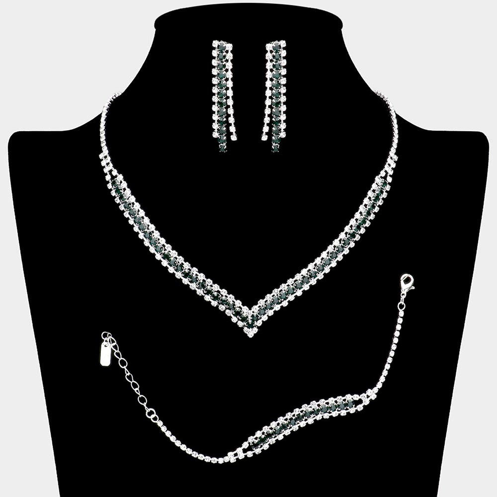 Madeline Love Emerald, Silver 3PCS - Round Stone Detail Rhinestone Necklace Jewelry Set