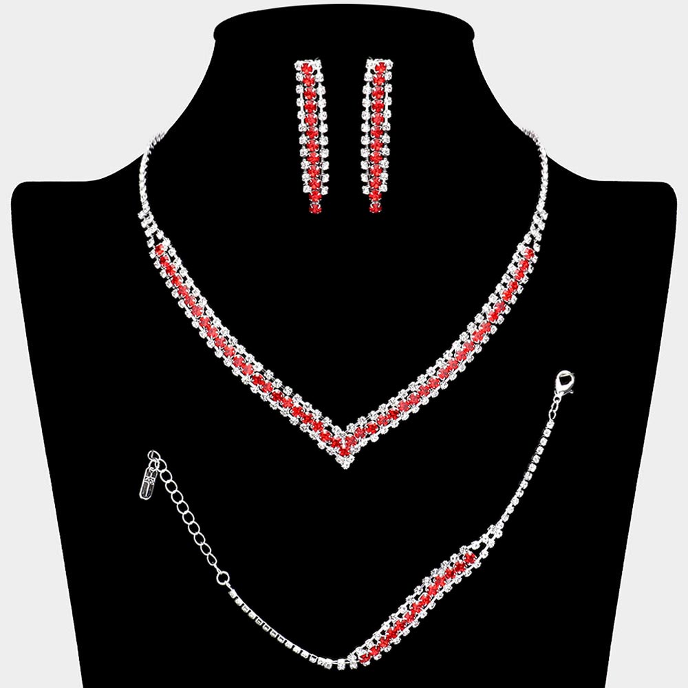 Madeline Love Red, Silver 3PCS - Round Stone Detail Rhinestone Necklace Jewelry Set