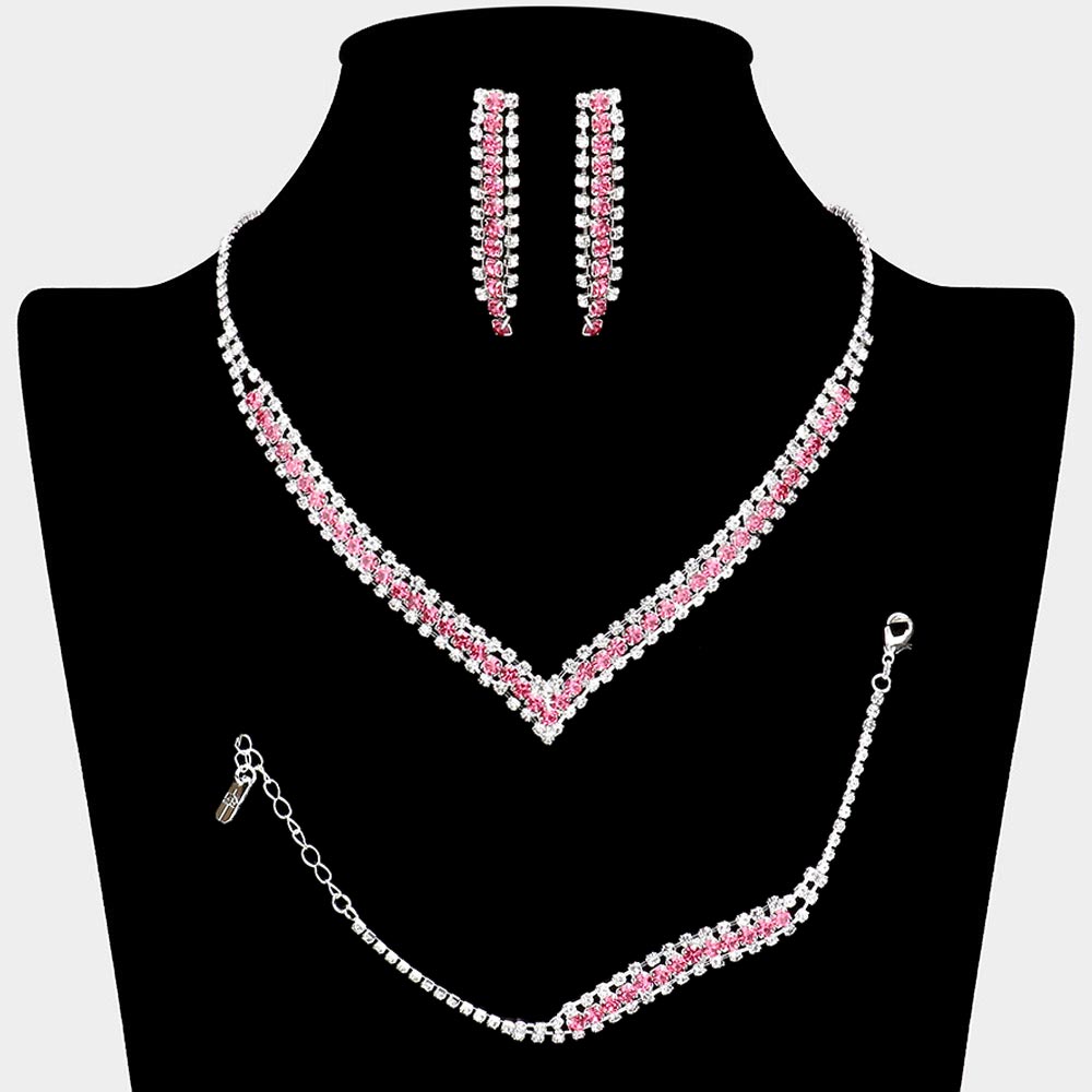 Madeline Love Rose, Silver 3PCS - Round Stone Detail Rhinestone Necklace Jewelry Set