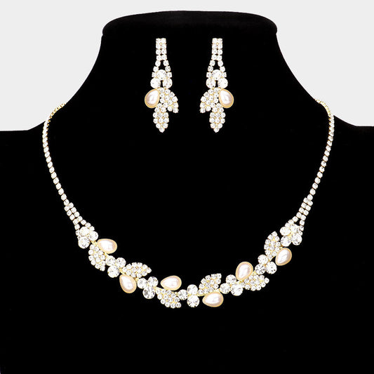 Madeline Love Gold Teardrop Pearl Accented Rhinestone Petal Necklace - Jewelry