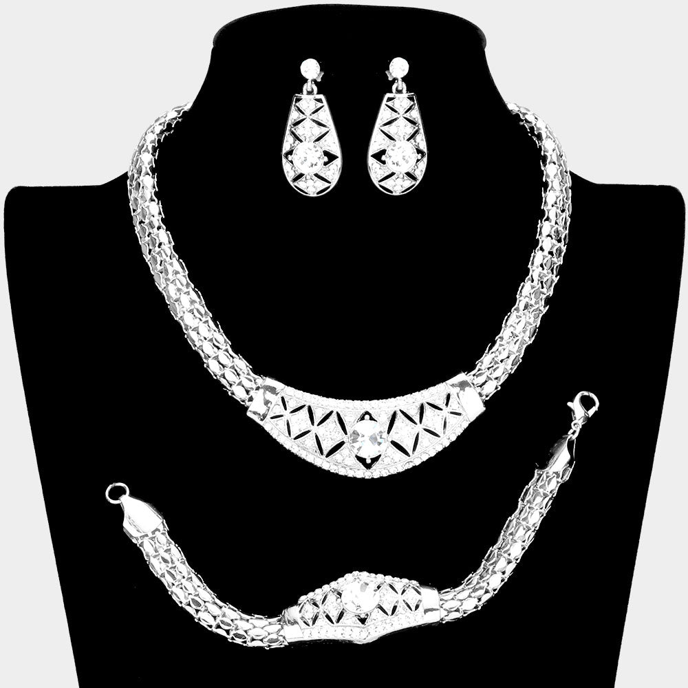 Madeline Love Silver 3PCS - Round Stone Centered Metal Accented Necklace Jewelry Set