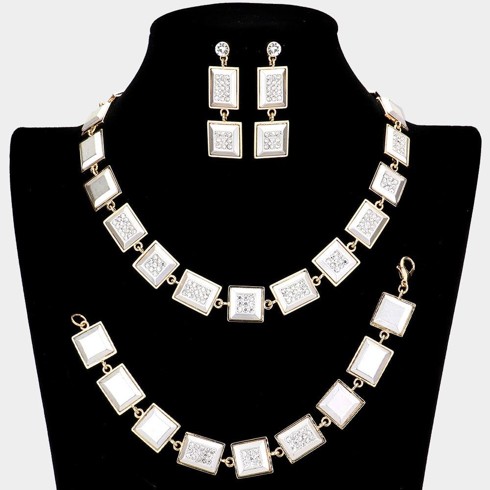 Madeline Love Two Tone 3PCS - Rhinestone Embellished Square Rectangle Link Necklace Jewelry Set