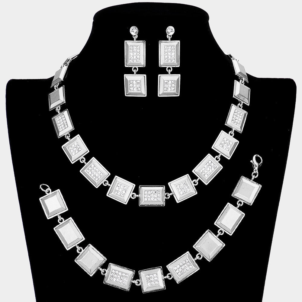 Madeline Love Silver 3PCS - Rhinestone Embellished Square Rectangle Link Necklace Jewelry Set