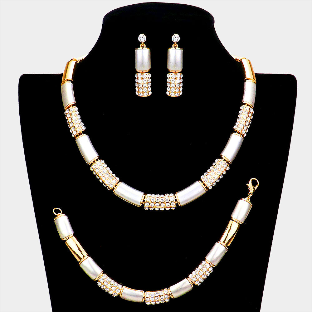 Madeline Love Two Tone 3PCS - Rhinestone Embellished Metal Rectangle Link Necklace Jewelry Set