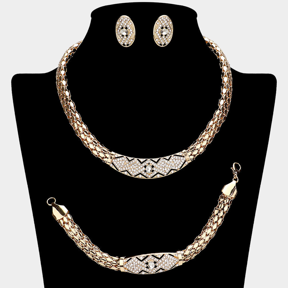 Madeline Love Clear, Gold Metal Abstract Rhinestone Paved Necklace Jewelry Set