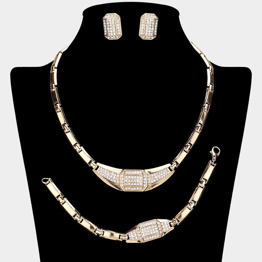Madeline Love Clear, Gold Rhinestone Paved Geometric Necklace Jewelry Set