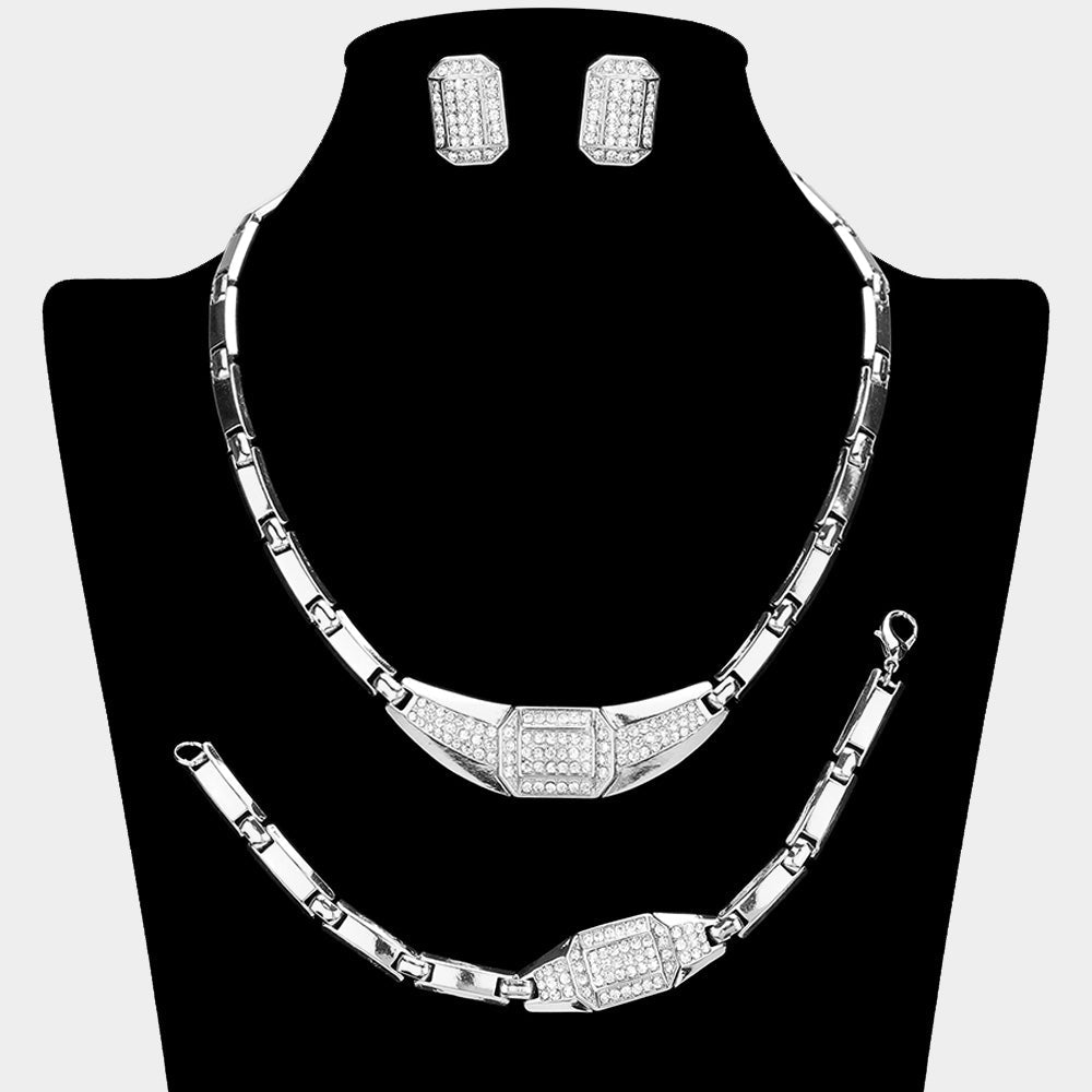 Madeline Love Clear, Silver Rhinestone Paved Geometric Necklace Jewelry Set