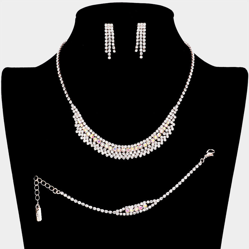 Madeline Love AB, Rose Gold 3PCS - Rhinestone Pave Necklace Set - Jewelry