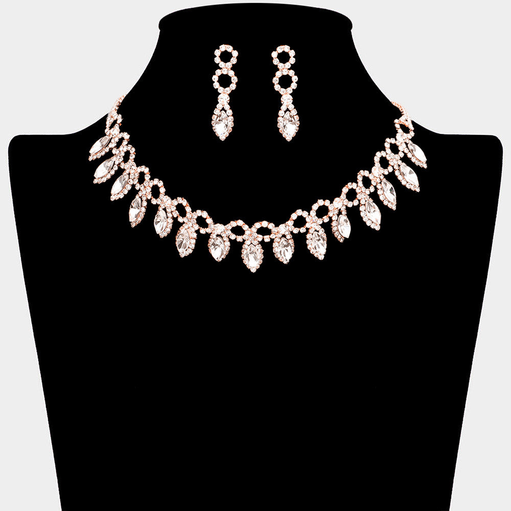 Madeline Love Rose Gold Marquise Stone Cluster Rhinestone Evening Necklace - Jewelry
