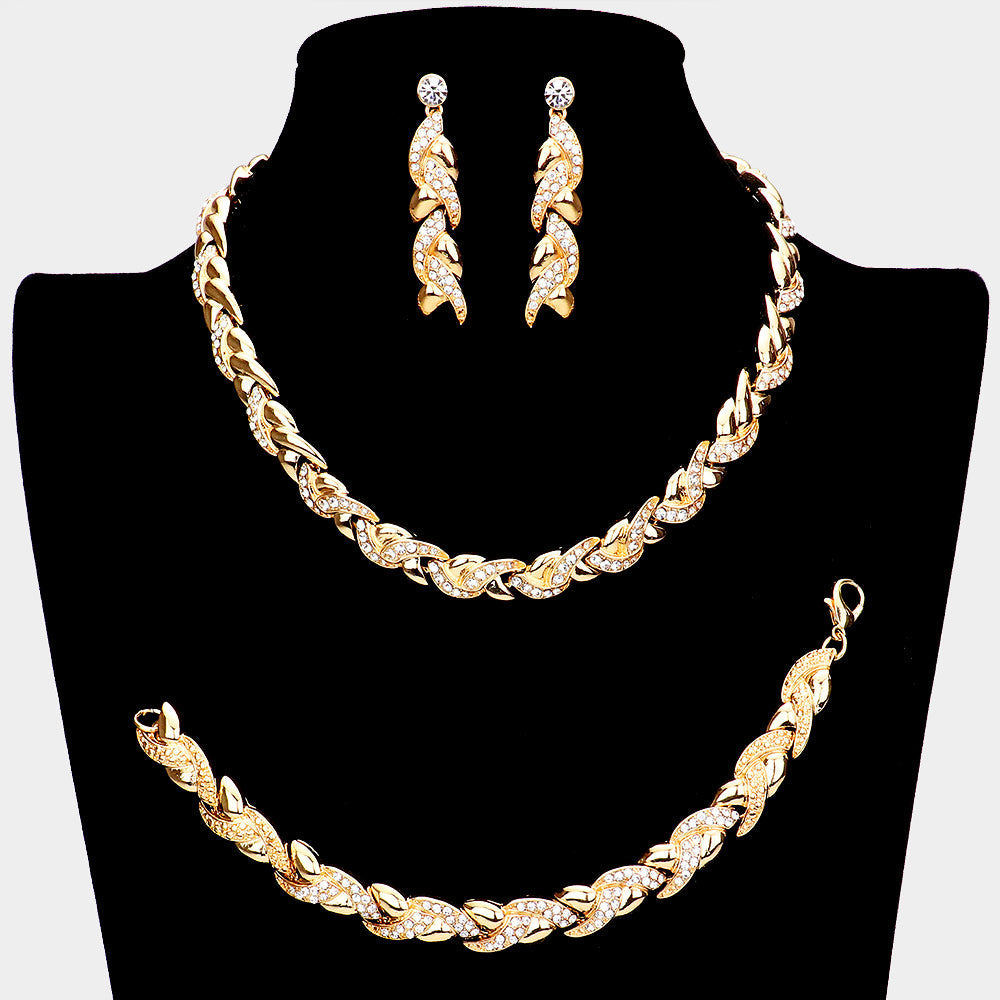 Madeline Love Gold 3PCS - Rhinestone Embellished Braided Necklace Jewelry Set