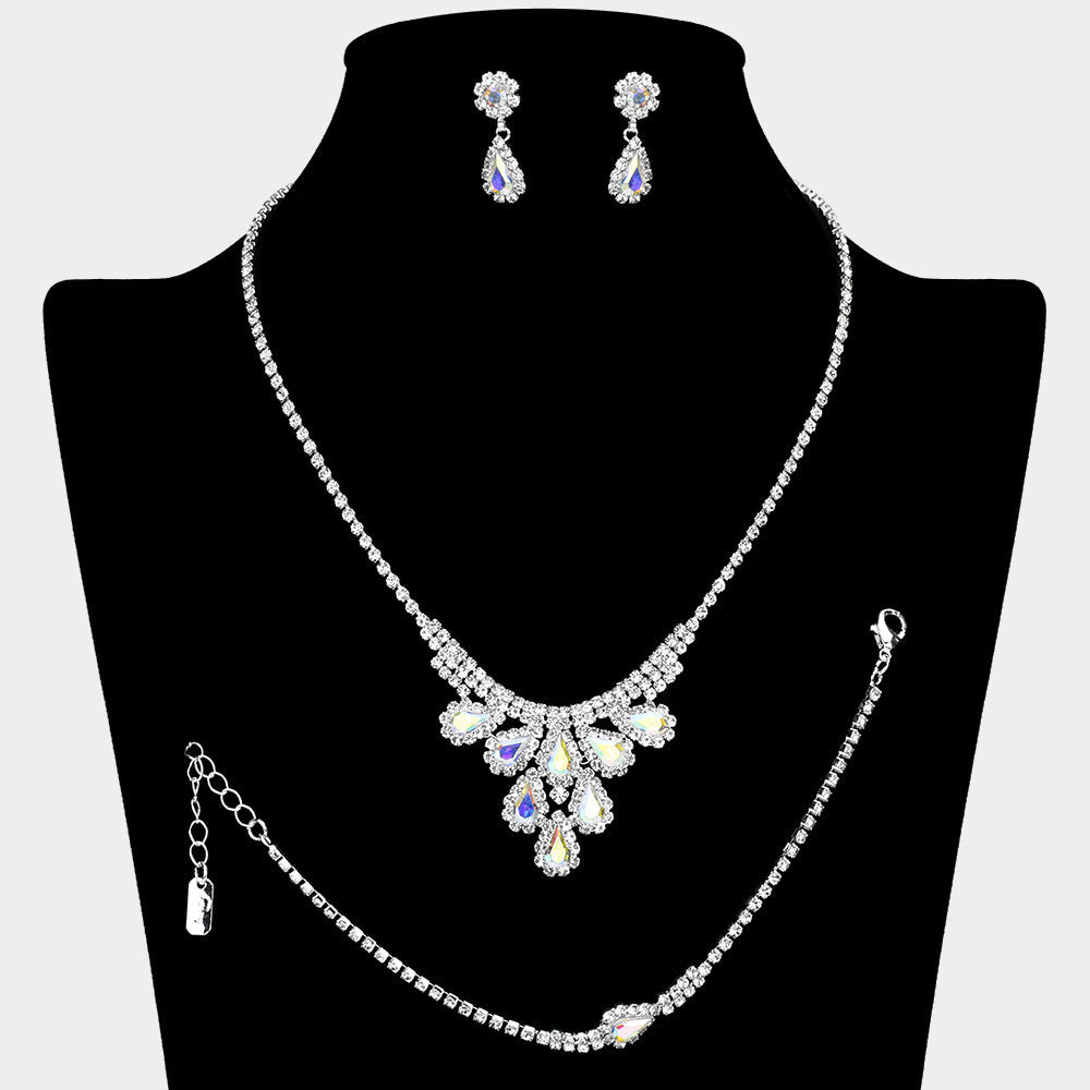 Madeline Love AB, Silver Teardrop Stone Embellished Rhinestone Paved Jewelry Set