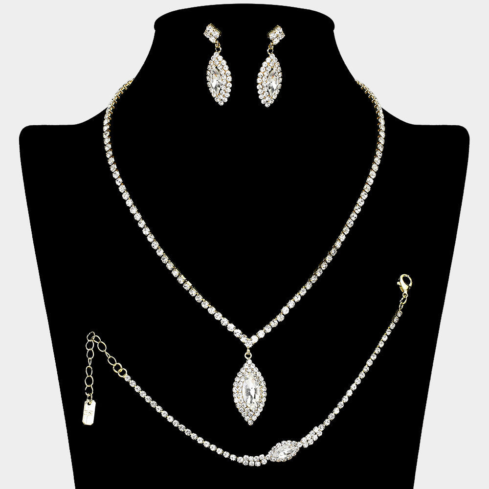 Madeline Love Clear, Gold Marquise Stone Pendant Accented Rhinestone Paved Jewelry Set