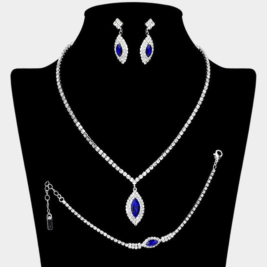 Madeline Love Sapphire, Silver Marquise Stone Pendant Accented Rhinestone Paved Jewelry Set