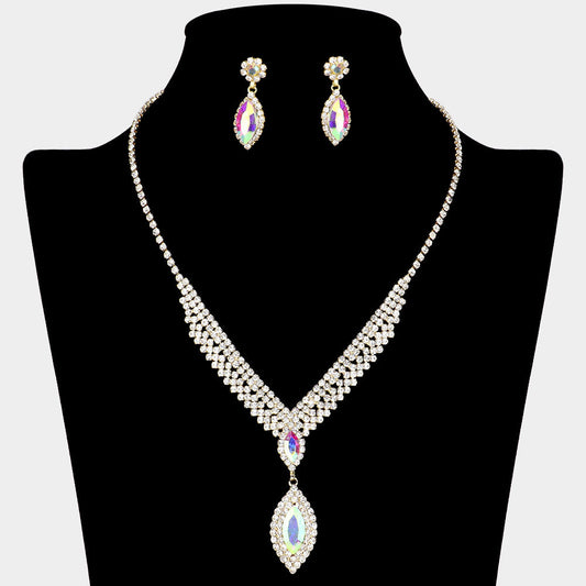 Madeline Love AB, Gold Marquise Stone Pointed Rhinestone Paved V Shaped Necklace - Jewelry