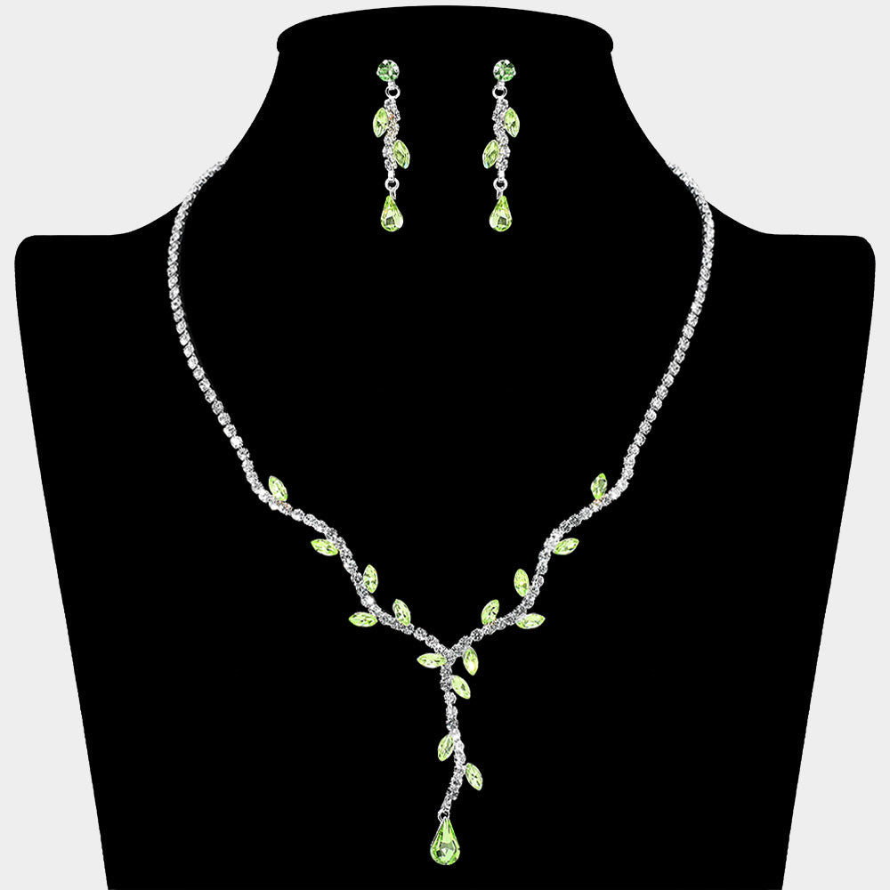 Madeline Love Green, Light, Silver Sprout Detailed Rhinestone Necklace - Jewelry