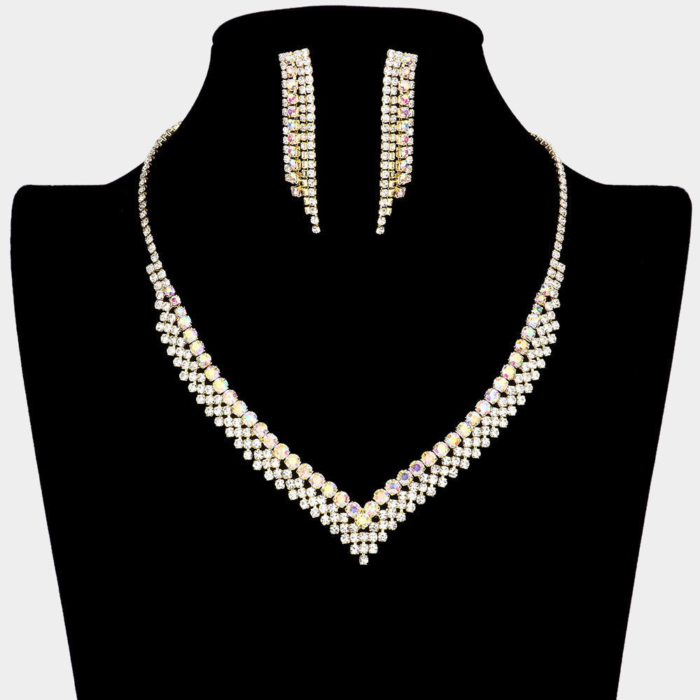 Madeline Love AB, Gold V Shaped Rhinestone Necklace - Jewelry