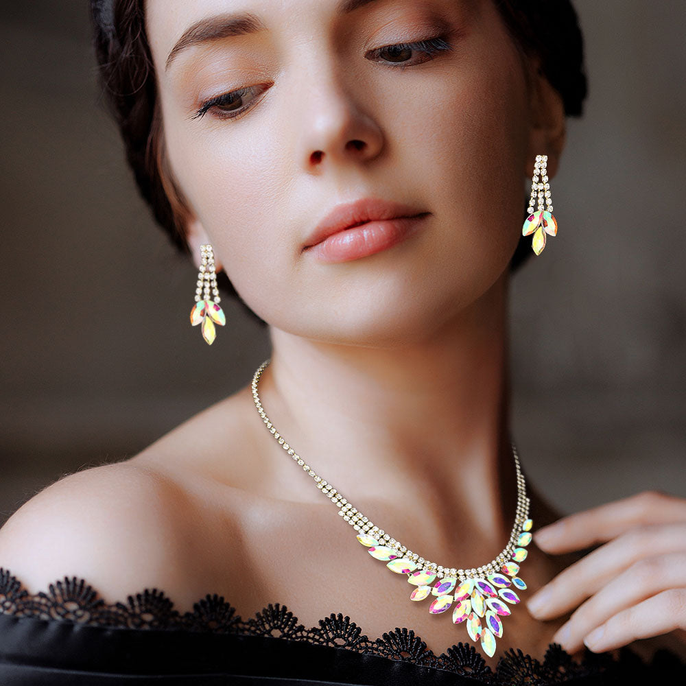 Madeline Love AB, Gold Marquise Stone Cluster Rhinestone Necklace - Jewelry