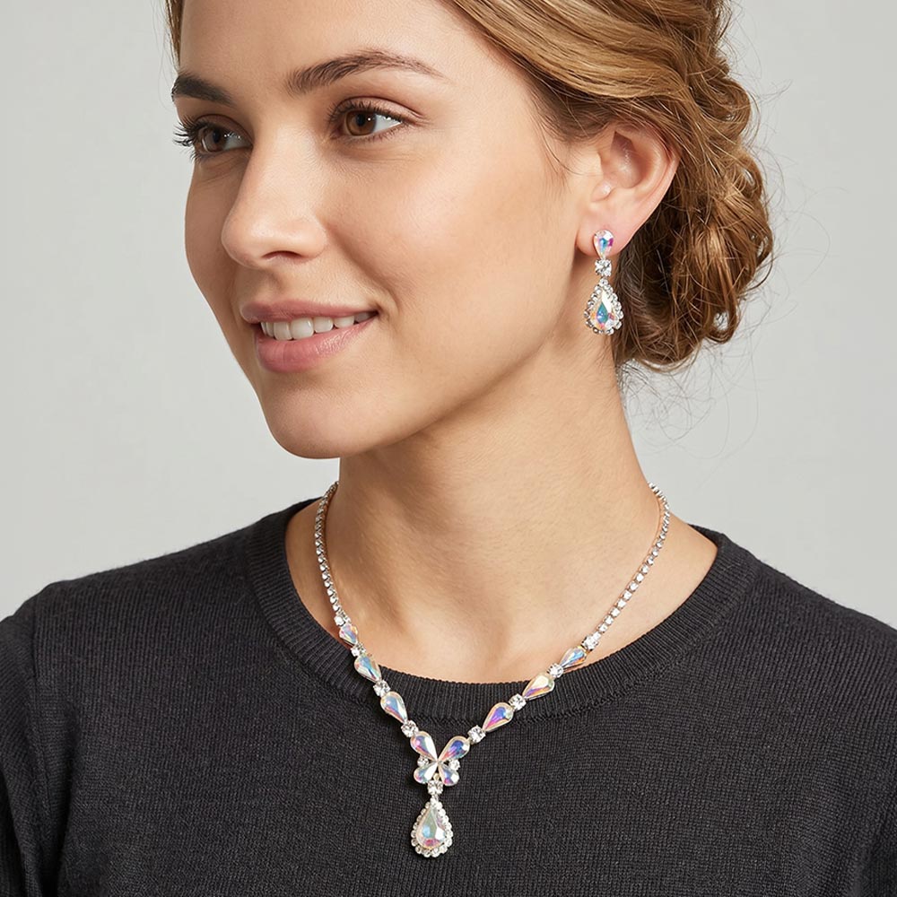 Madeline Love AB, Rose Gold Teardrop Cluster Embellished Rhinestone Necklace