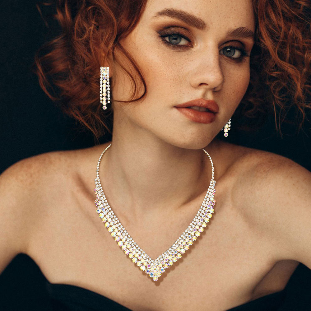 Madeline Love AB, Gold Bubble Stone Cluster Rhinestone V Shaped Necklace - Jewelry
