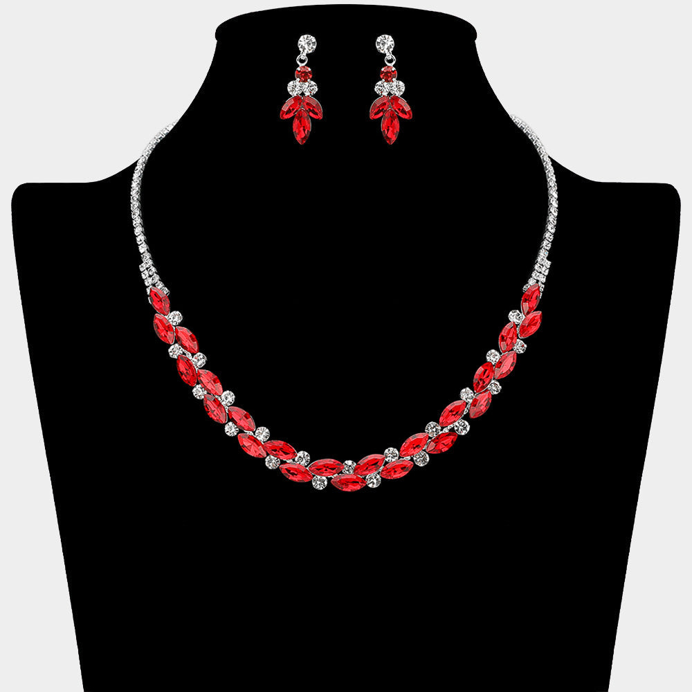 Madeline Love Red, Silver Round Marquise Stone Cluster Rhinestone Necklace - Jewelry