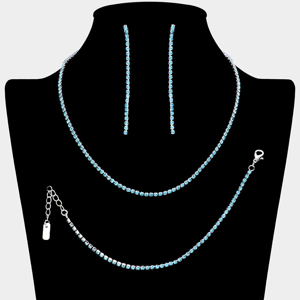 Madeline Love Aqua, Silver Rhinestone Paved Chain Necklace Jewelry Set