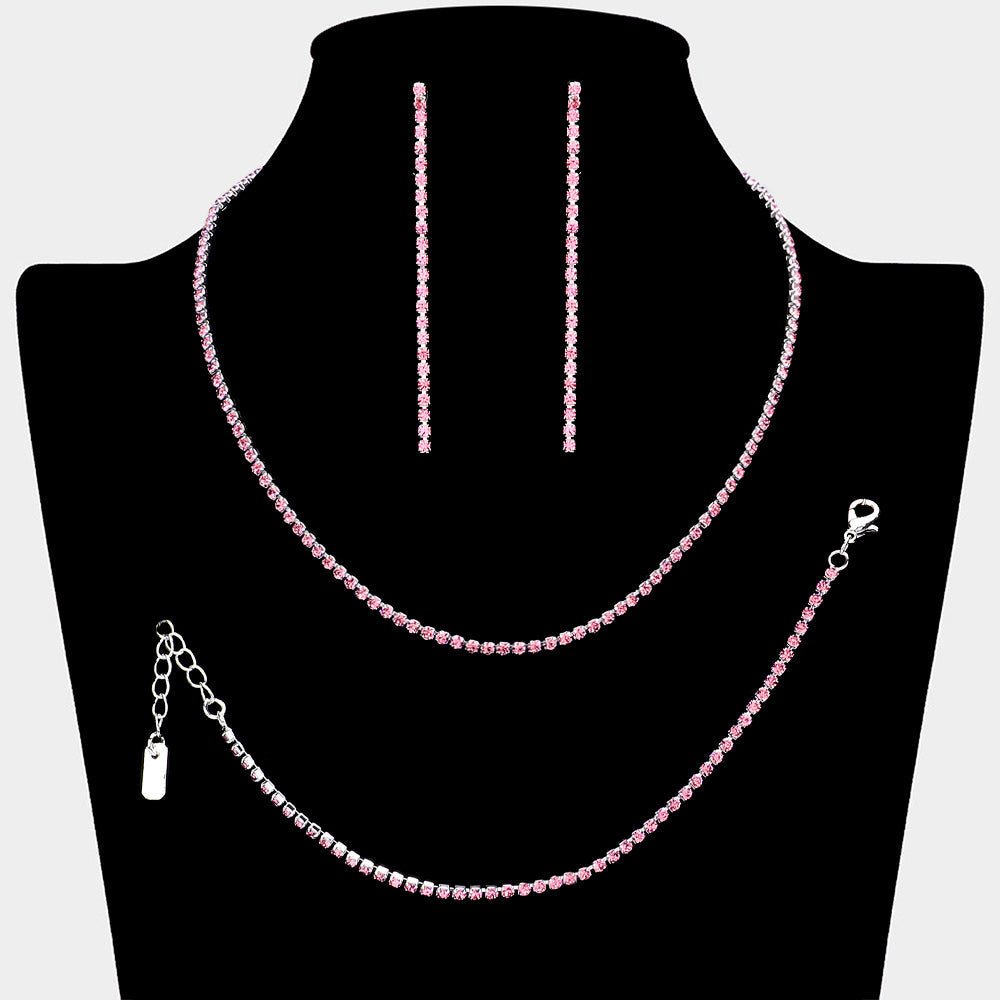 Madeline Love Lt Rose, Silver Rhinestone Paved Chain Necklace Jewelry Set