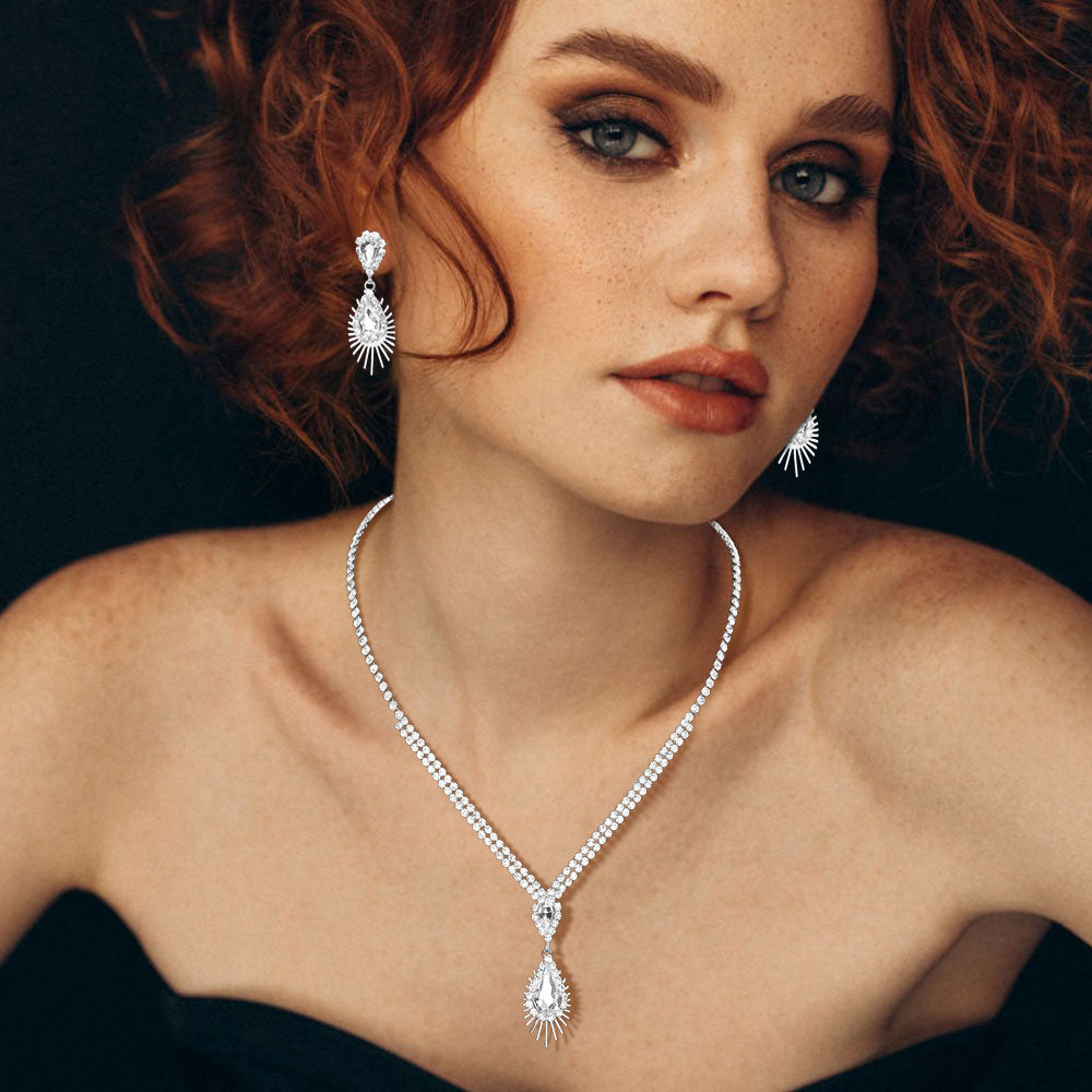 Madeline Love Clear, Silver Teardrop Stone Pendant Accented Rhinestone Paved Necklace - Jewelry