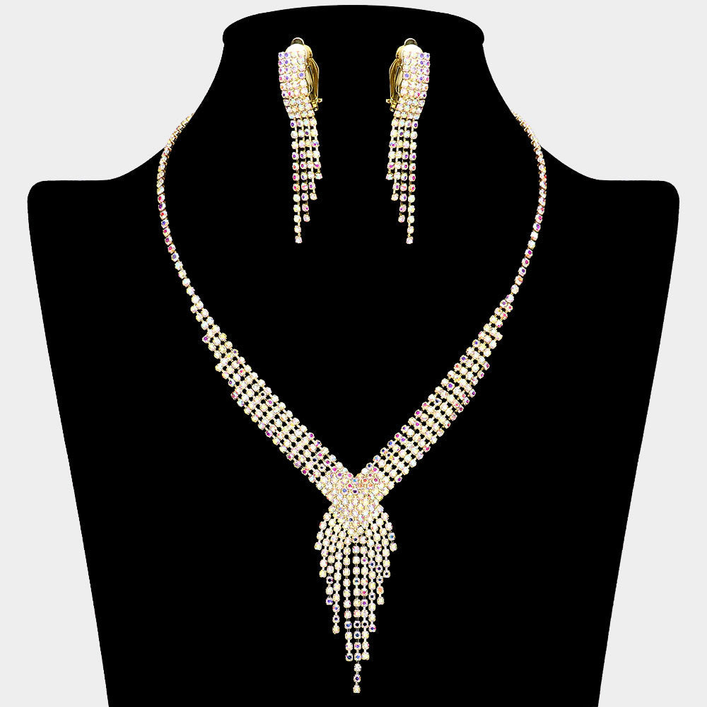 Madeline Love AB, Gold Rhinestone Pave Fringe Necklace & Clip Earring Set - Jewelry