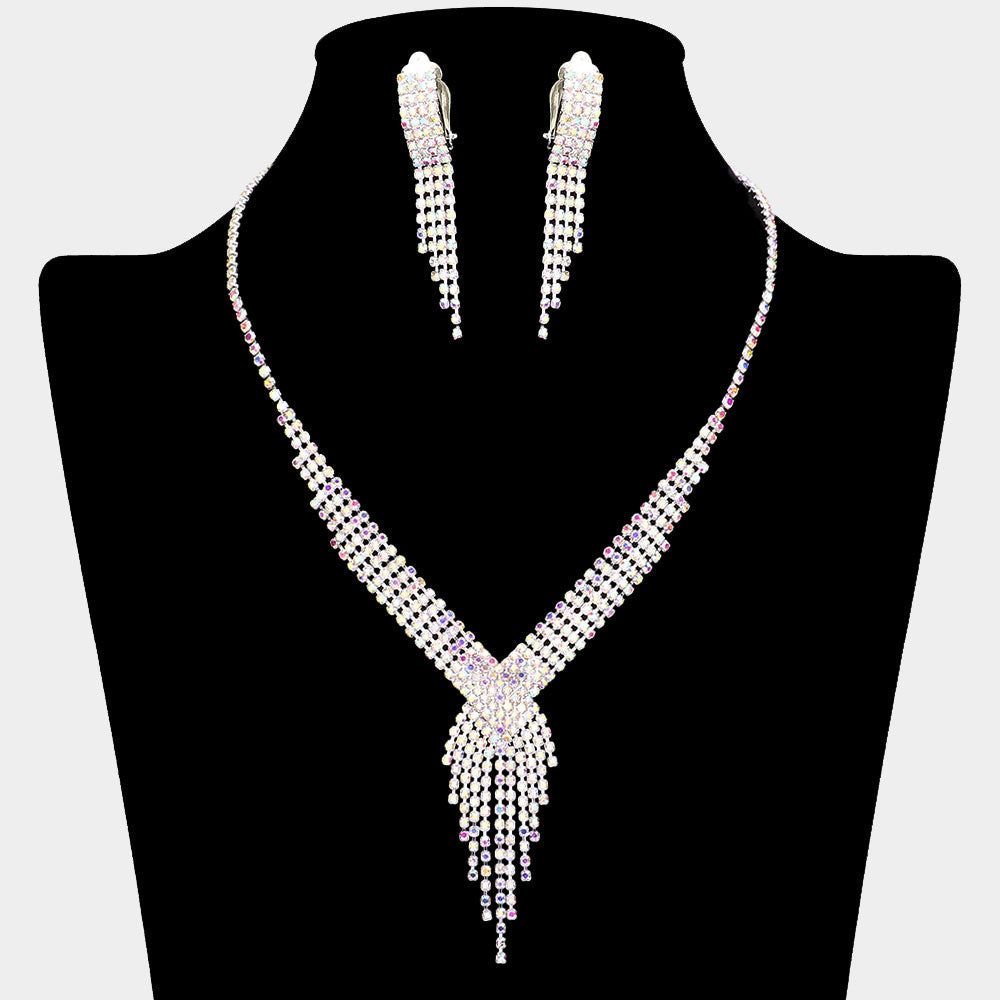 Madeline Love AB, Silver Rhinestone Pave Fringe Necklace & Clip Earring Set - Jewelry